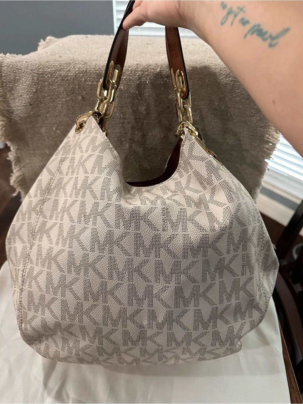 Michael Kors Cream MK Monogram Tote with Brown Trim